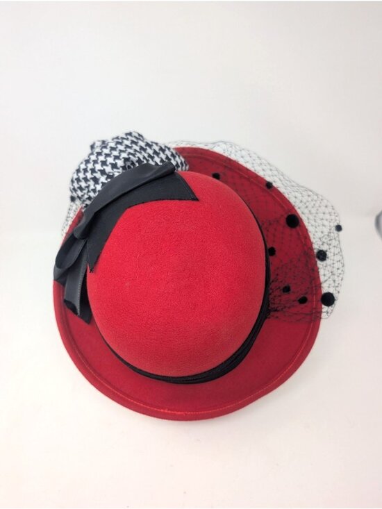 Vintage Whittall & Shon Red Felt Hat Black Veil Bow 80s main image 6